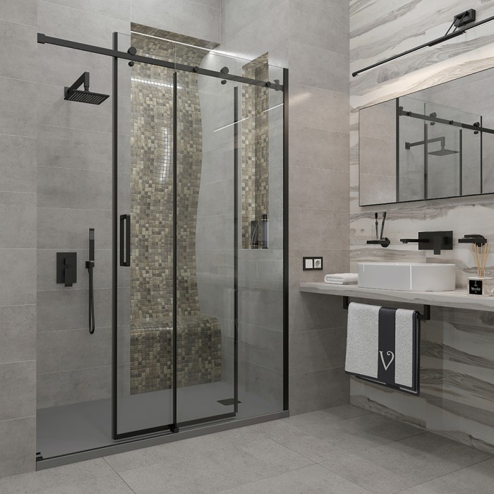 Душевая дверь 1300x1950, Veconi Vianno, черный, стекло прозрачное арт. VN74B-130-01-C4