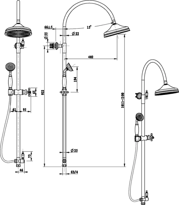 Стойка с верхним душем, золото, Imperiale Boheme 402