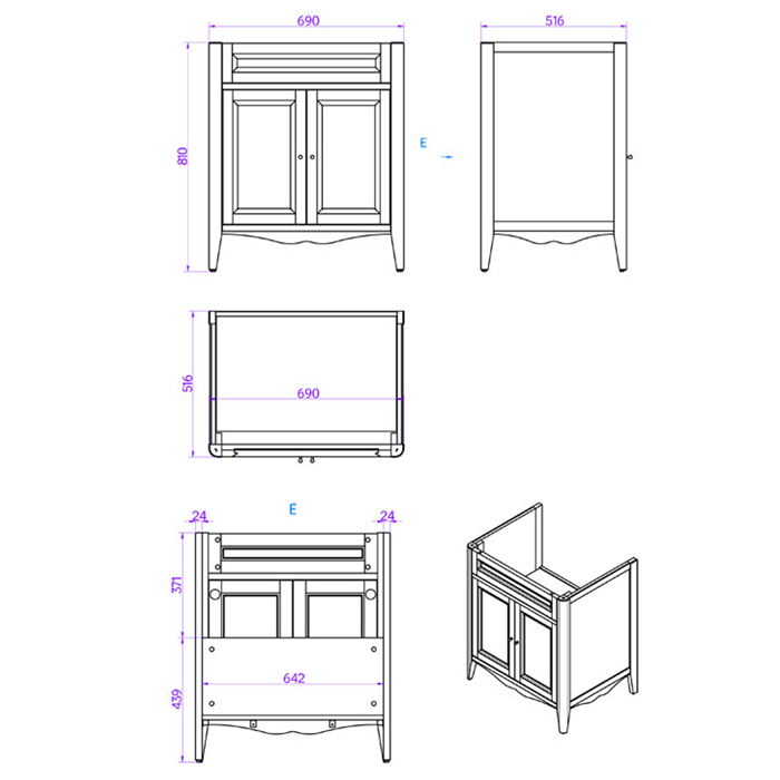 База с раковиной simas ar834bi*1 73х54см напольная, с 1отв. Под смеситель, 2 расп. Дверки, доводч. Blum, ручки: riflesso бронза, Veronica Nuovo grigio, Tiffany World - VER2073-G+AR834bi*1 комплект
