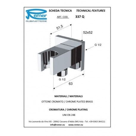 Держатель ручного душа с подключением шланга черный матовый, Remer, скрытого монтажа 337QNO