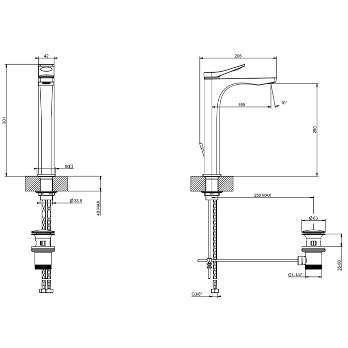 Смеситель для раковины на 1 отв. с донным клапаном h=301мм, излив 159мм, Gessi Rilievo, хром арт. 59009#031
