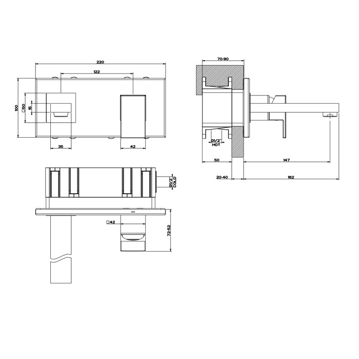 Смеситель для раковины, встраиваемый, однорычажный, излив 146мм, Gessi Rettangolo, black xl арт. 44840#299