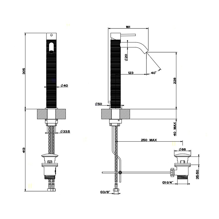 Смеситель однорычажный высокий с донным клапаном, Gessi Trame, шлифованная сталь арт. 54304#239
