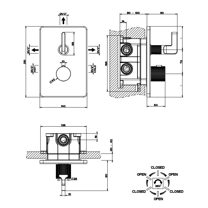 Смеситель для душа, термостатический, на 3 источника, Gessi Inciso, золото арт. 58136#246