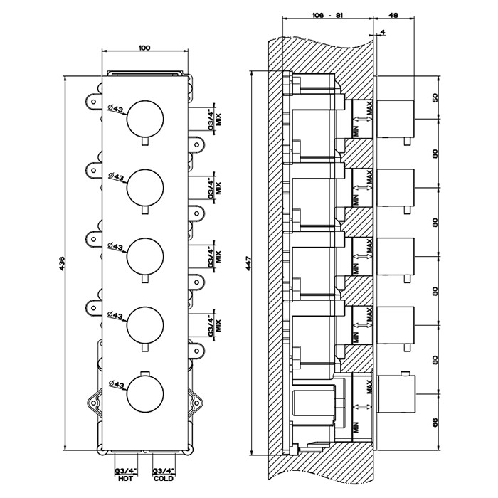 Встраиваемый термостатический смеситель на 4 источника, резьба 3/4", Gessi 316, steel brushed арт. 54518#239