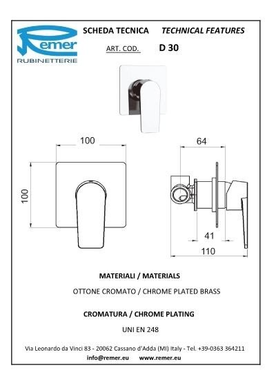 Смеситель хром глянцевый, Remer Dream, скрытого монтажа D30