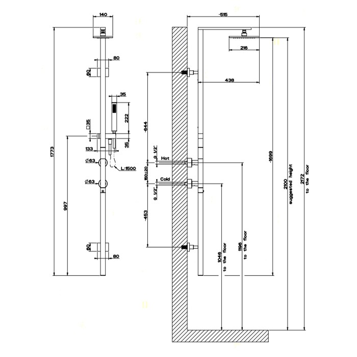 Термостатический смеситель с верхним душем, авт.переключателем ванна/душ, лейкой и шлангом 1,5м, высота 1774мм, Gessi Rettangolo, хром арт. 23405#031