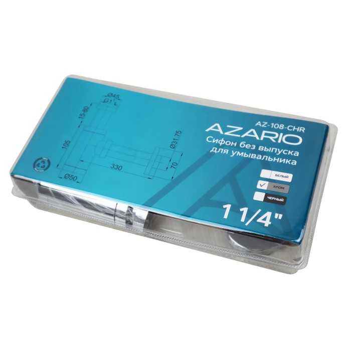 Сифон для раковины G 1 1/4, без выпуска, цилиндр, латунь, хром Azario, Basic - AZ-108-CHR