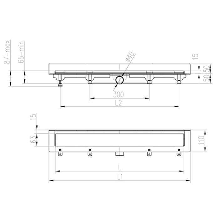 Душевой лоток D40 750 мм пристенный, боковой слив, пластиковый, с черной решеткой, Klasik Azario - AZ-CH 750 KC2