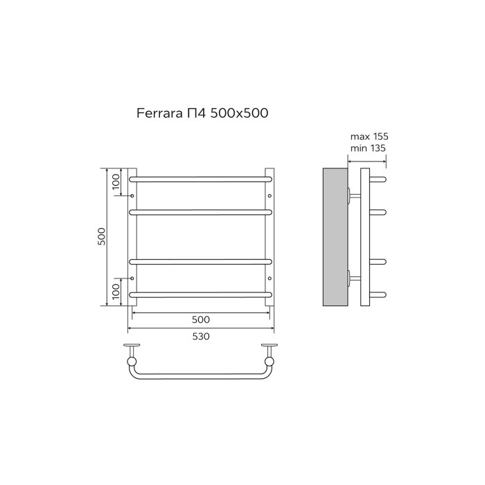 Полотенцесушитель водяной 500/500 4 секций, нижнее/диагональное подключение, 1/2", хром, Ferrara Azario - AZ09155