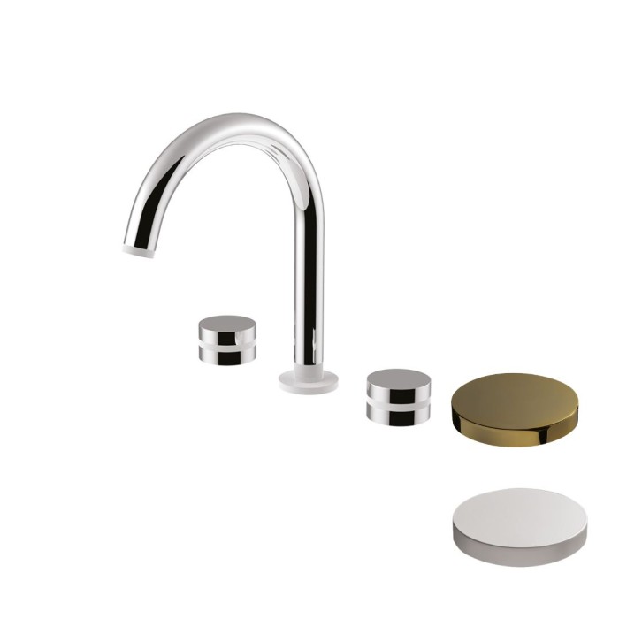 Смеситель для раковины на 3 отверстия, поворотный излив, без донного клапана, Giulini My ring, золото 24 карата c кольцом - белый матовый арт. MR0112/USCCCOBO