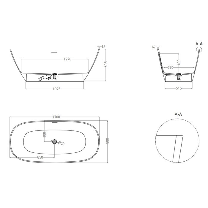 Ванна отдельностоящая 170x80, матовая, Salini SOFIA арт. 102526MRF