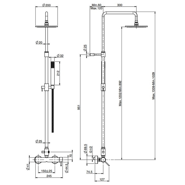 Fima Carlo Frattini Душевая система: смеситель для душа с душевой стойкой, верхним душем d 250 мм. и душевым комплектом, Spillo Up, F3035/2NS цвет: чёрный