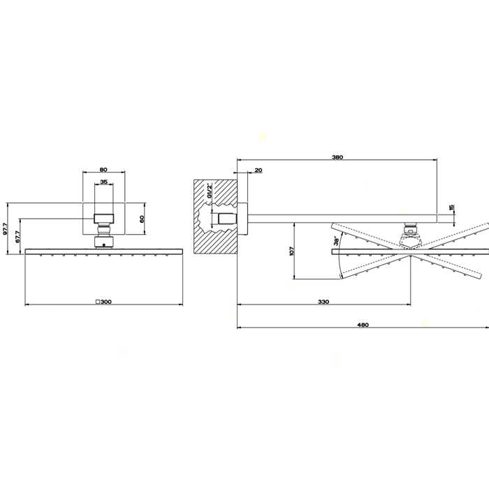 Верхний душ Gessi Rettangolo 30х30см с кронштейном, цвет розовое золото pvd арт. 15185030