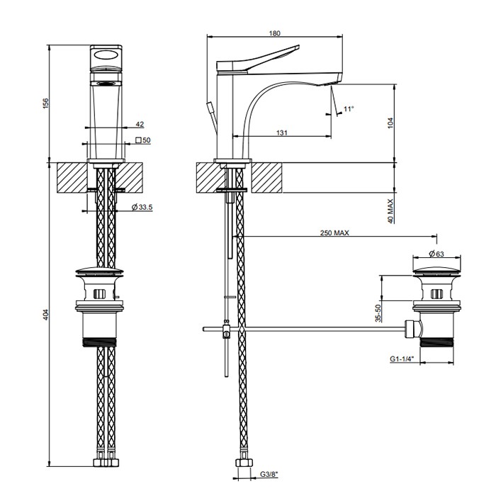 Смеситель для раковины на 1 отв. с донным клапаном h=156мм, излив 131мм, Gessi Rilievo, nero xl арт. 59005#299