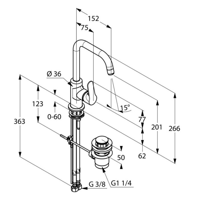 Однорычажный смеситель на умывальник, боковое управление, с донным клапаном, objekta Kludi, хром - 320230575