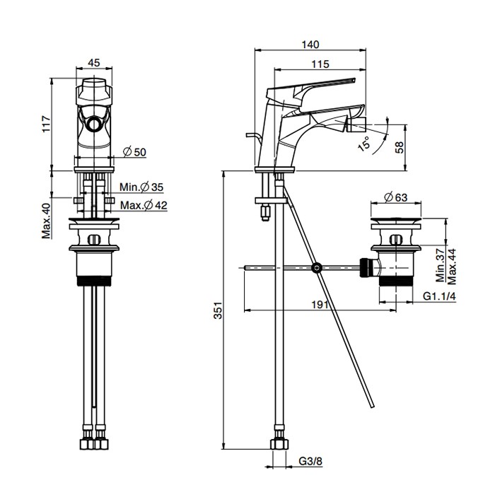 Fima Carlo Frattini Смеситель для биде, на 1 отв., с донным клапаном, Serie 4, F3762CR.2.WS цвет: хром