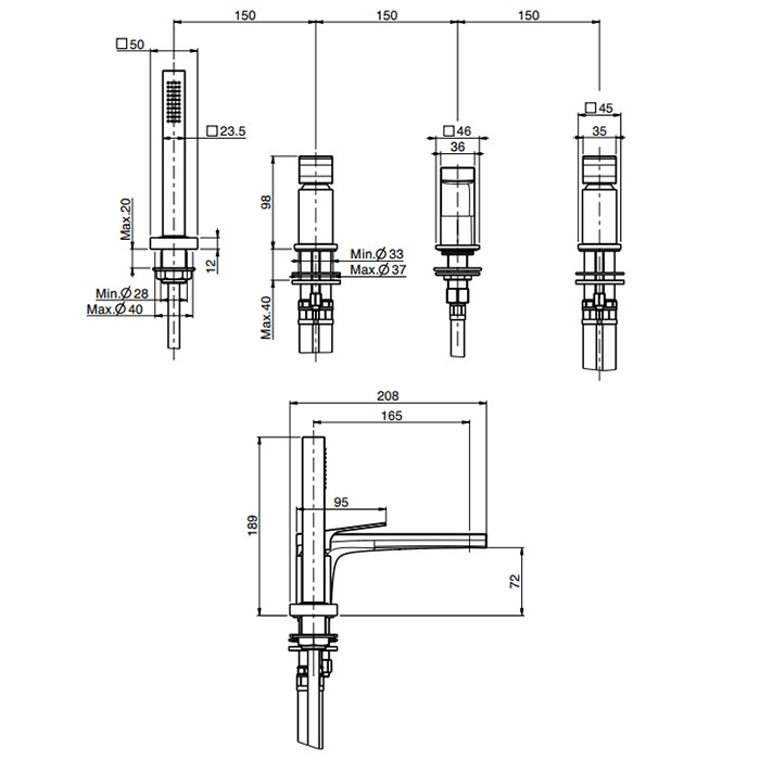 Fima Carlo Frattini Смеситель на борт ванны, на 4 отв., с ручным душем, Fit, F3394NNS цвет: черный