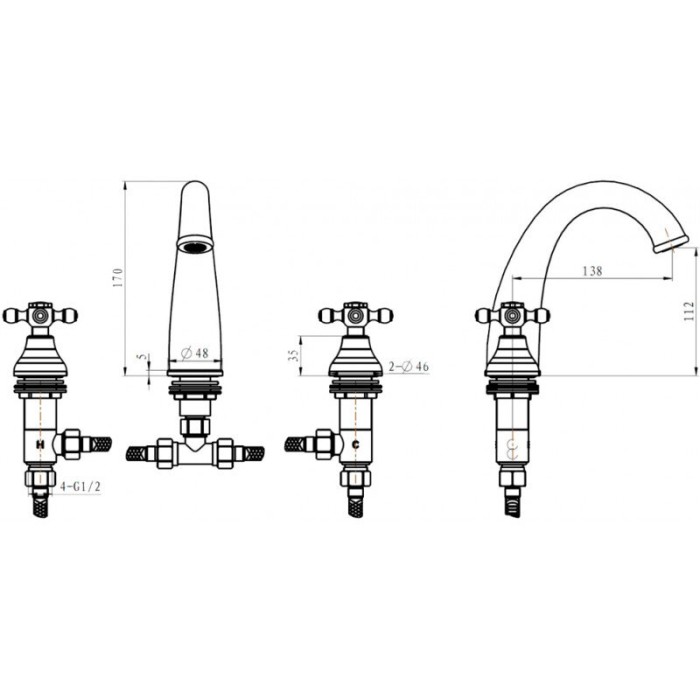 Смеситель для раковины на 3 отверстия black, gold, Boheme Royal cristal - 297-Royal/CRST-black