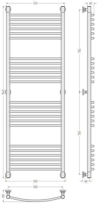 Сунержа Водяной полотенцесушитель 1500x500, Богема+ выгнутая, 30-0221-1550 цвет: матовый белый