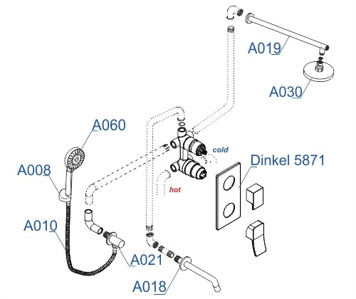 Встраиваемый комплект для ванны с верхней душевой насадкой, лейкой и изливом Dinkel 5800 WasserKRAFT арт. A175819