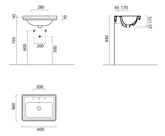 Подвесная раковина 60х46х17,5 см, с переливом, санфарфор, с отв. под смеситель, Classic GSI арт. 8731111