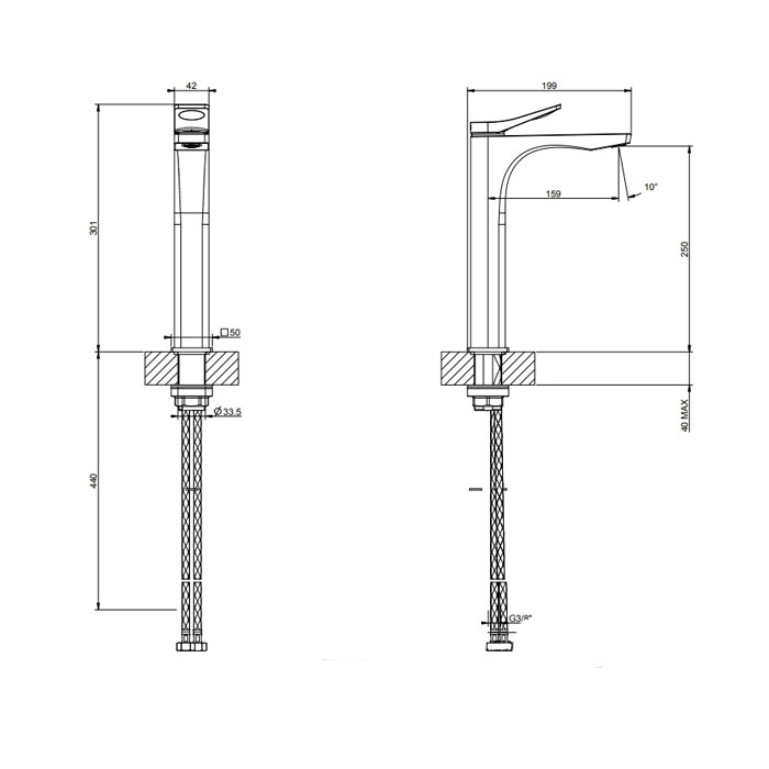Смеситель для раковины на 1 отв. без донного клапана h=301мм, излив 159мм, Gessi Rilievo, black xl арт. 59010#299