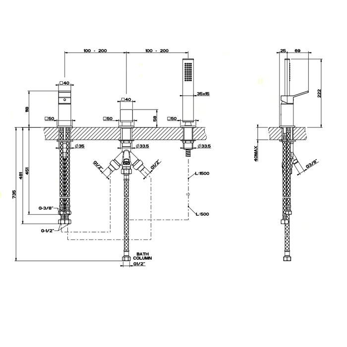 Смеситель для ванны на 3 отверстия, с переключателем и ручным душем, без излива, Gessi Rettangolo, хром арт. 53043#031