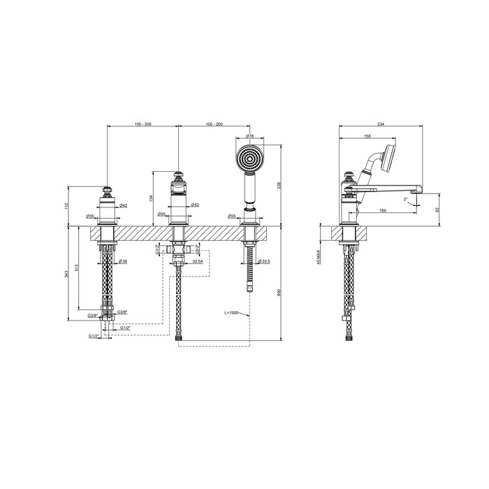 Смеситель для установки на борт ванны на 3 отверстия, однорычажный, с ручным душем и шлангом 1500 мм., Gessi Venti20, хром арт. 65037#031
