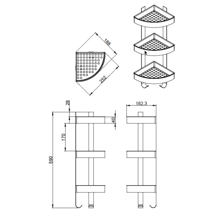 Полка угловая трехэтажная, хром матовый, Azario Rina - AZ-833-3