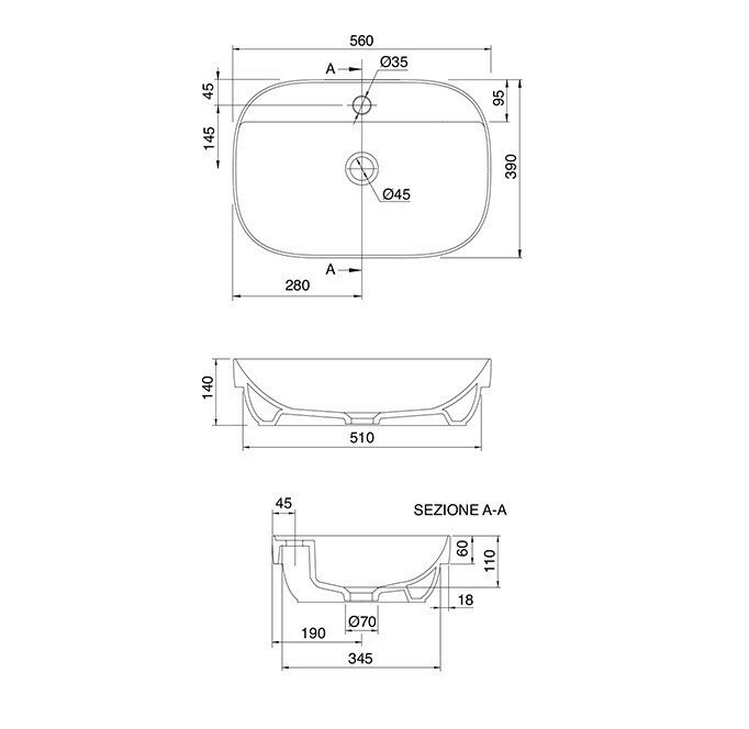 Раковина встраиваемая сверху без перелива с одним отверстием, цвет белый, Scarabeo Glam - 1810