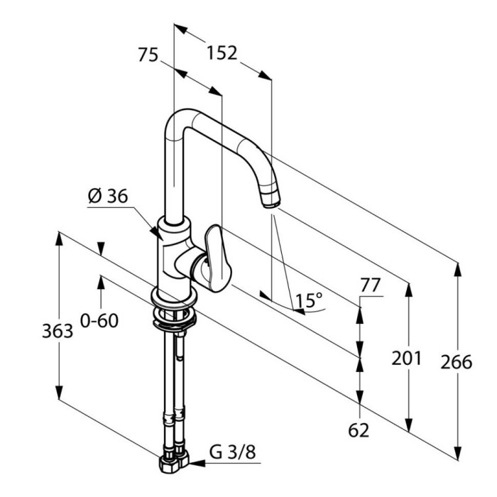 Однорычажный смеситель на умывальник, боковое управление, без донного клапана, objekta Kludi, хром - 320240575