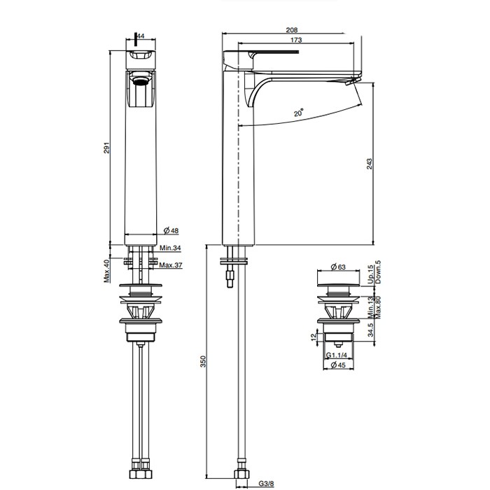 Fima Carlo Frattini Смеситель для раковины, на 1 отв., высокий H29.1см., Mast, F3131/HOR.ES цвет: золото