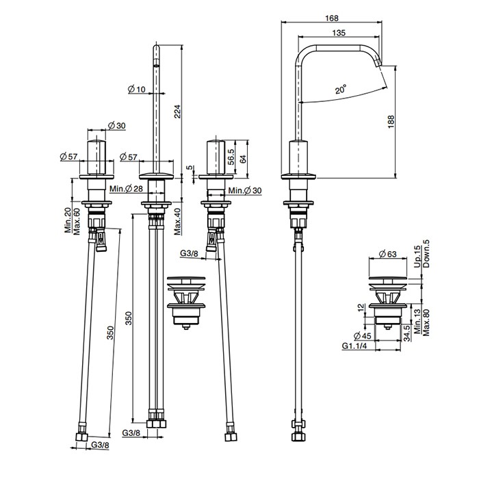Fima Carlo Frattini Смеситель для раковины, на 3 отверстия, без ручек, с донным клапаном click-clack, Sottolavabo, F3191AOR цвет: золото
