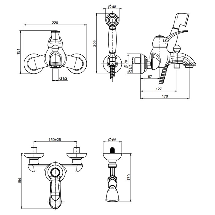 Fima Carlo Frattini Смеситель для ванны, настенный, с ручным душем, Lamp, F3304OR цвет: золото