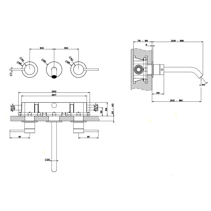 Встраиваемый смеситель для раковины на 3 отверстия с изливом, без донного клапана. цвет: шлифованная сталь, Gessi Flessa, шлифованная сталь арт. 54094#239