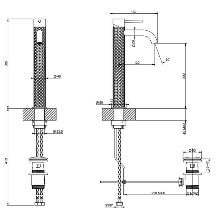 Смеситель для раковины на 1 отв. с донным клапаном, h:305мм, излив: 123мм, Gessi 316, brushed black metal pvd арт. 54104#707