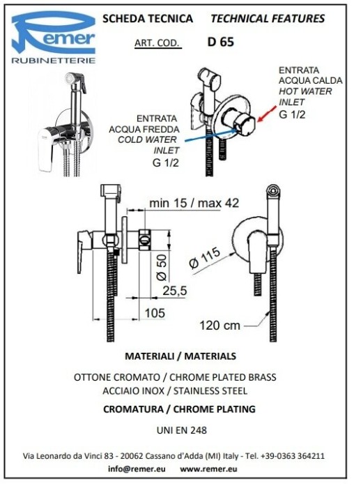 Смеситель хром глянцевый, Remer Dream, скрытого монтажа D65