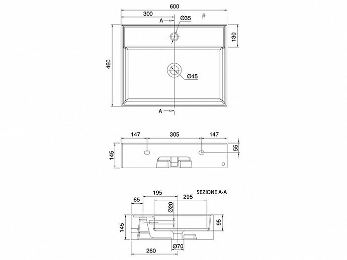 Раковина подвесная или накладная с переливом с одним отверстием, цвет белый, Scarabeo Teorema 2.0 - 5105