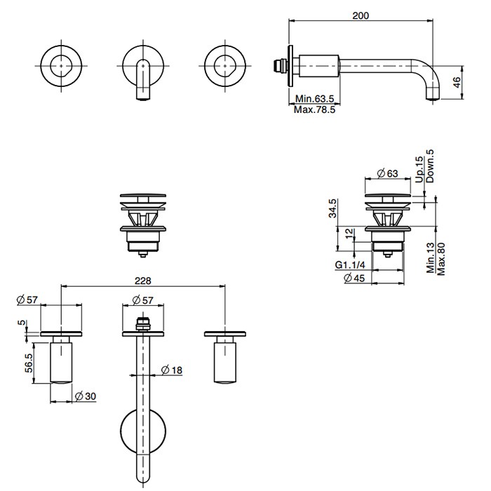 Fima Carlo Frattini Смеситель для раковины настенного монтажа, на 3 отв, излив 200 мм, донный клапан click-clack, So, F3191L/5CR S4CR цвет: хром