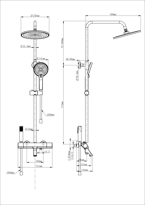 Душевая система с термостатом, Wonzon & Woghand The one, WW-B3094-BGG цвет: графит