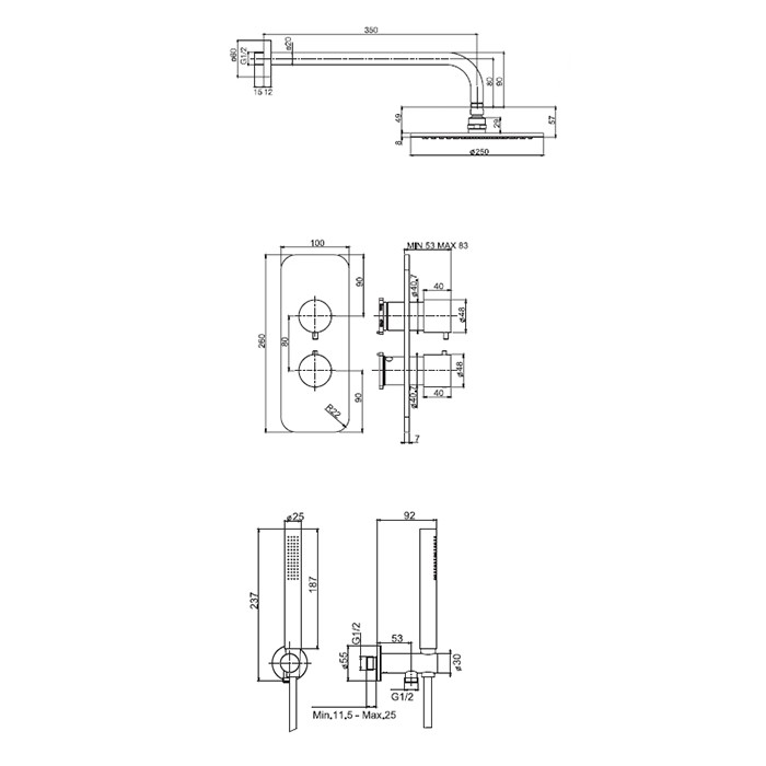 Fima Carlo Frattini Душевой комплект с верх душем d250мм, наст держ 350мм, душ компл, смес встр с пер на 2/3 источн, внутр часть, Wellness, F4409CR цвет: хром
