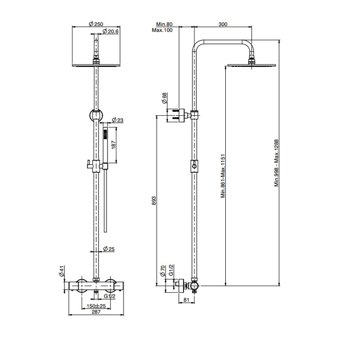 Fima Carlo Frattini Душевая стойка с термостатическим смесителем, верхний душ металлический d250 мм., ручной душ и шланг 1500 мм., F4285/R256NS цвет: чёрный