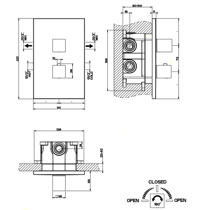 Смеситель для душа Gessi Rettangolo с термостатом, встраиваемый цвет розовое золото pvd арт. 20184030
