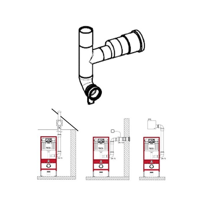 Сливной патрубок с отводом для подключения к вентиляции dn 70, 90 градусов, отвод вправо, TECE арт. 9820078
