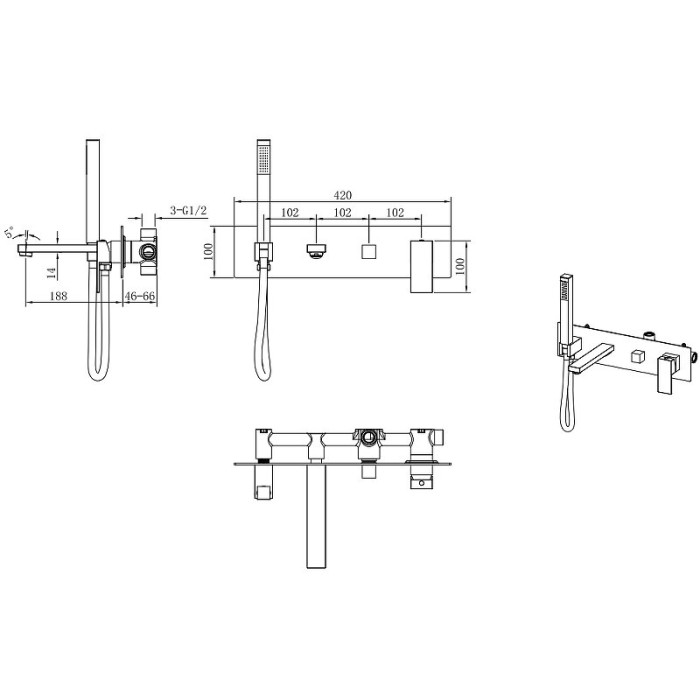 Смеситель для ванны, Qubic Boheme, бронза арт. 474-2-BR