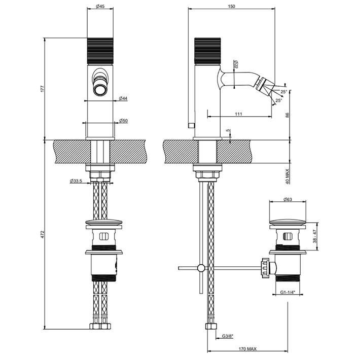 Смеситель для биде, 1 отв., с донным клапаном, Gessi Habito Trame, хром арт. 70307#031