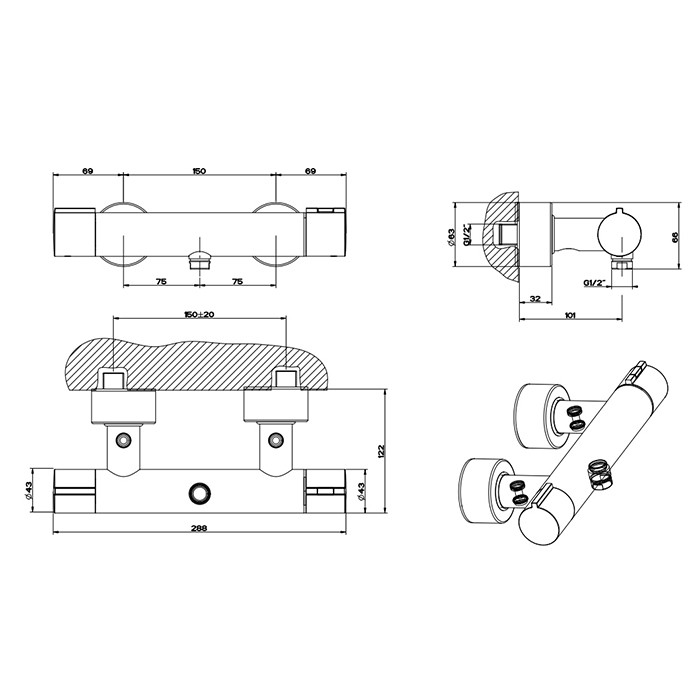 Смеситель термостатический наружный для душа, Gessi Emporio Via tortona, хром арт. 18731#031
