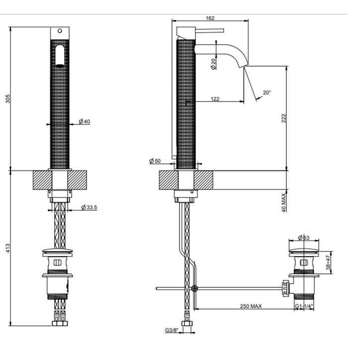 Смеситель для раковины на 1 отв., высокий h:305мм, с донным клапаном, излив: 123мм, Gessi 316, brushed black metal pvd арт. 54204#707