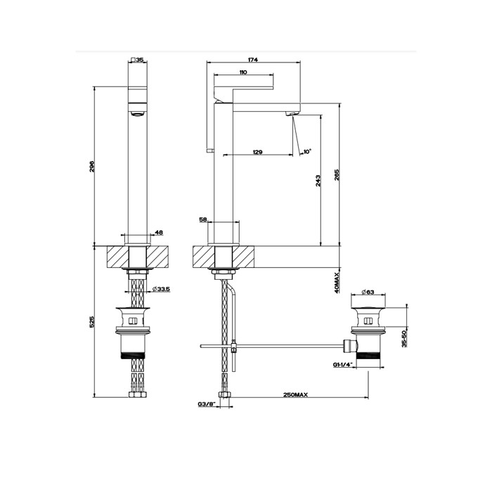 Смеситель для раковины с донным клапаном и высоким изливом 128мм, Gessi Rettangolo, black xl арт. 11921#299